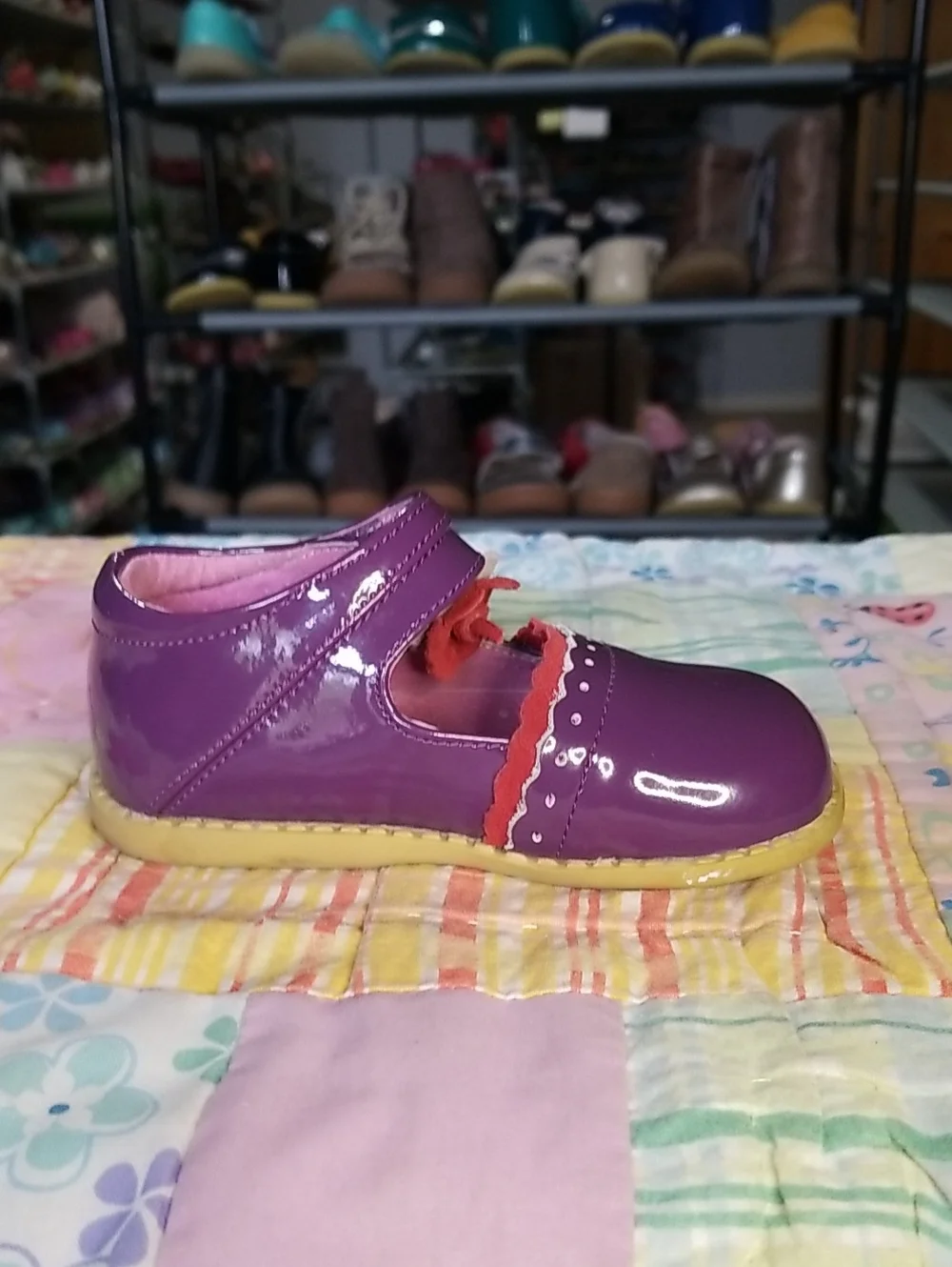 Livie & Luca Purple Patent Leather Mary Janes with Red Suede Flowers Size 6